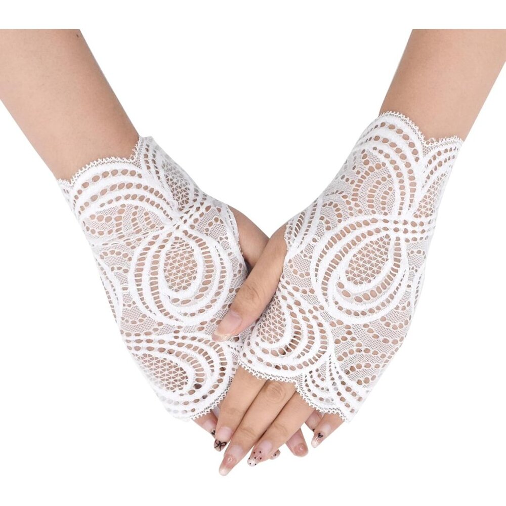 Women's St129-White Elegant Floral Lace Fingerless Short Gloves Party Prom
